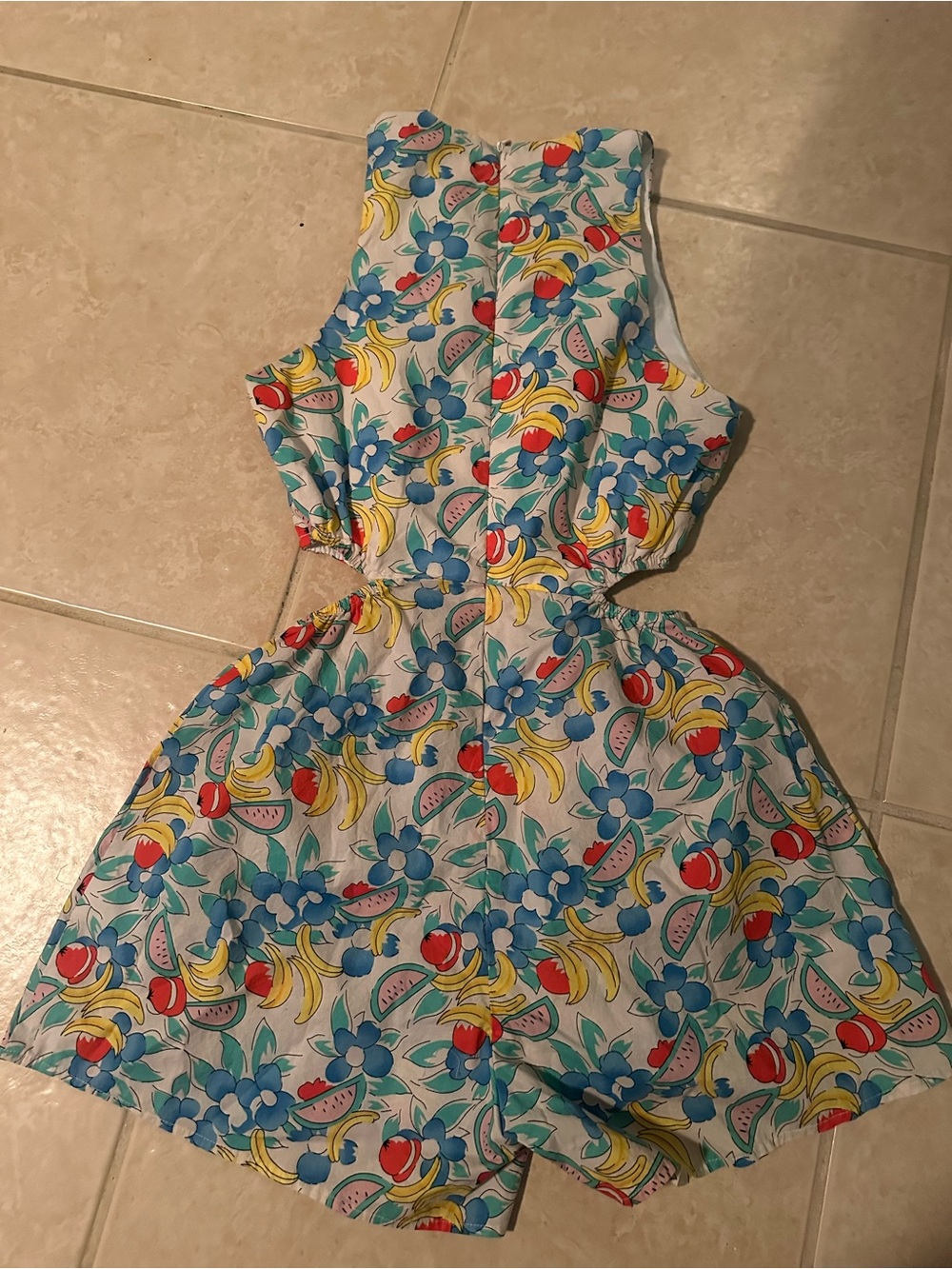 Women’s White Floral & Fruit Cutout Romper - Blue/Yellow/Red Small - Picture 2 of 6